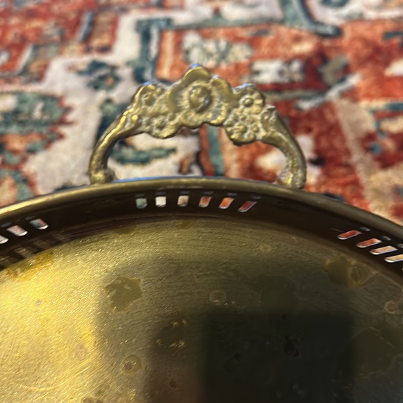 11” Vintage Brass Tray with Floral Handles - Picture 3 of 4
